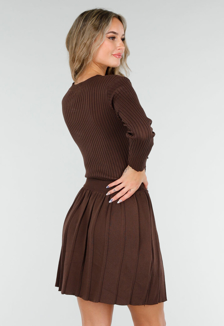 Bruine Geribde Stretch Two Piece Set met Plooirok