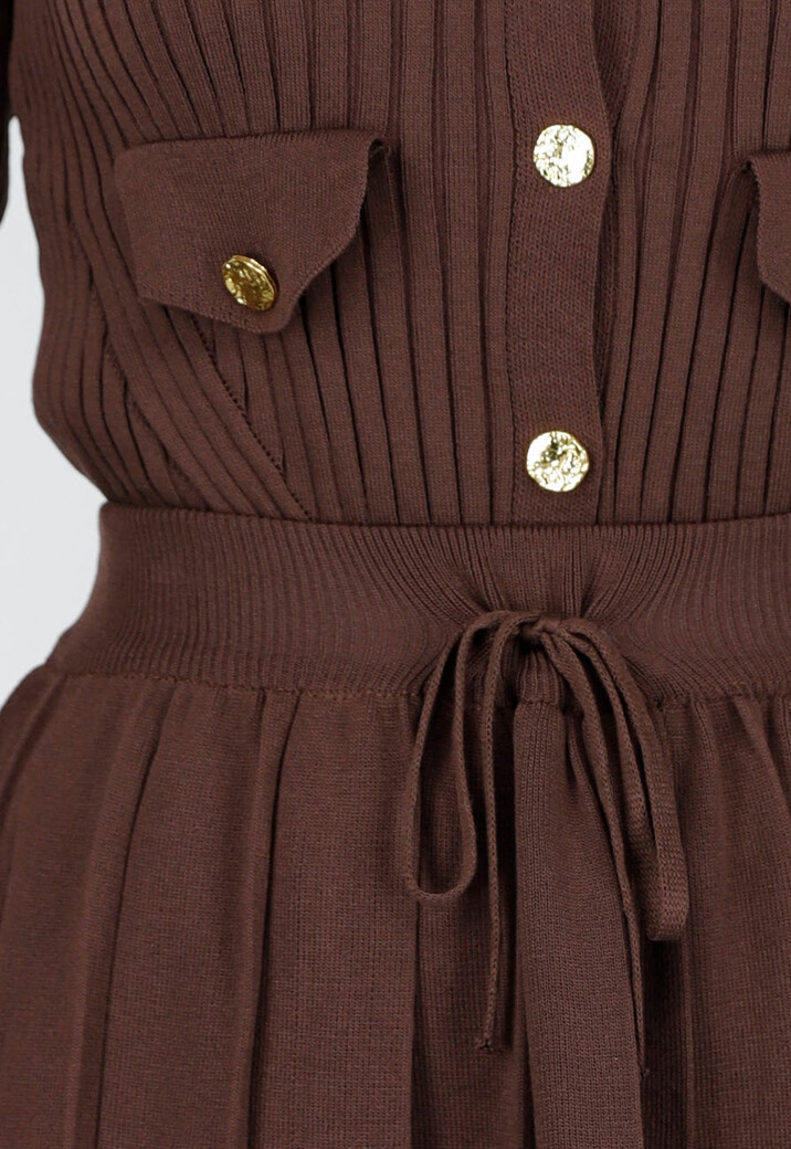 Bruine Geribde Stretch Two Piece Set met Plooirok