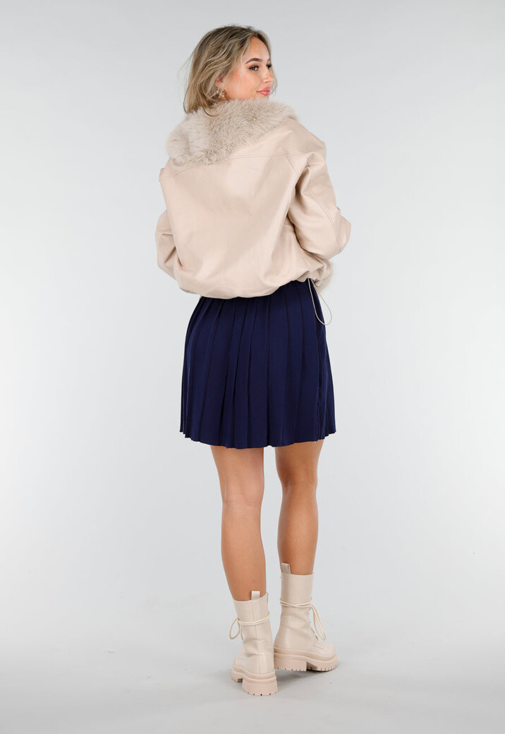 Beige Lederlook Jas Met Faux Fur