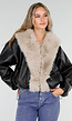 Zwarte Lederlook Jas met Beige Faux Fur Kraag
