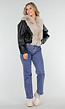 Zwarte Lederlook Jas met Beige Faux Fur Kraag