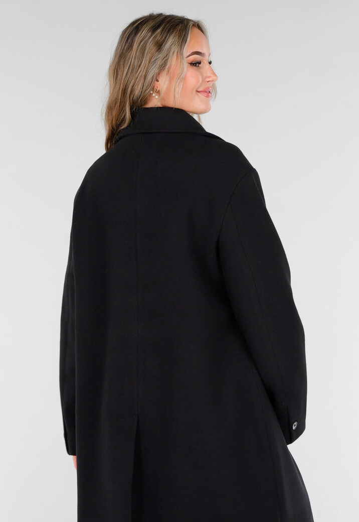 Zwarte Lange Mantel met Rechte Pasvorm en Brede Revers