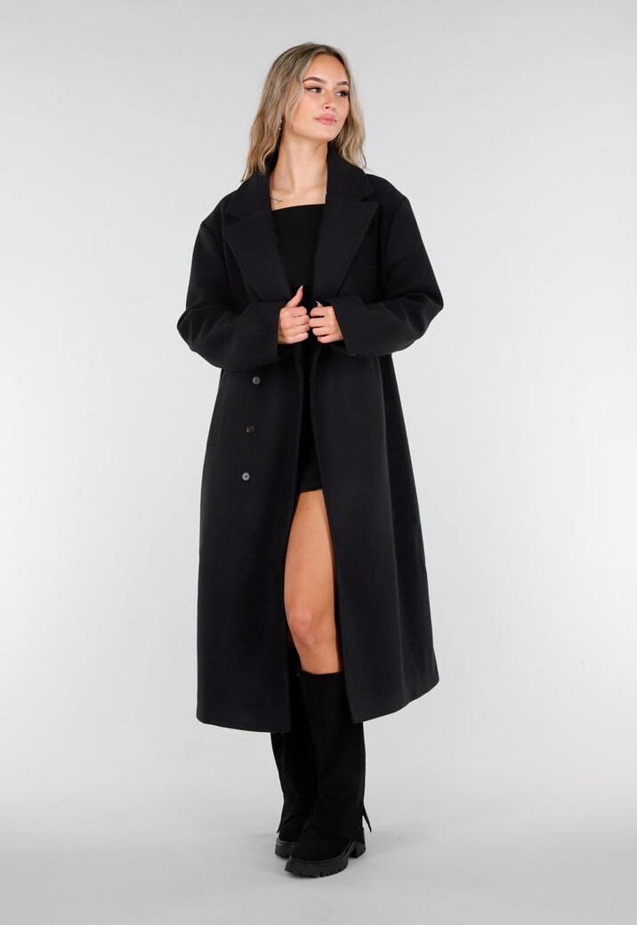 Zwarte Lange Mantel met Rechte Pasvorm en Brede Revers