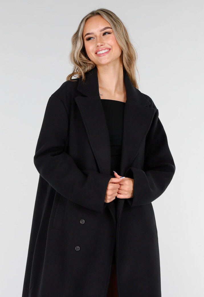 Zwarte Lange Mantel met Rechte Pasvorm en Brede Revers