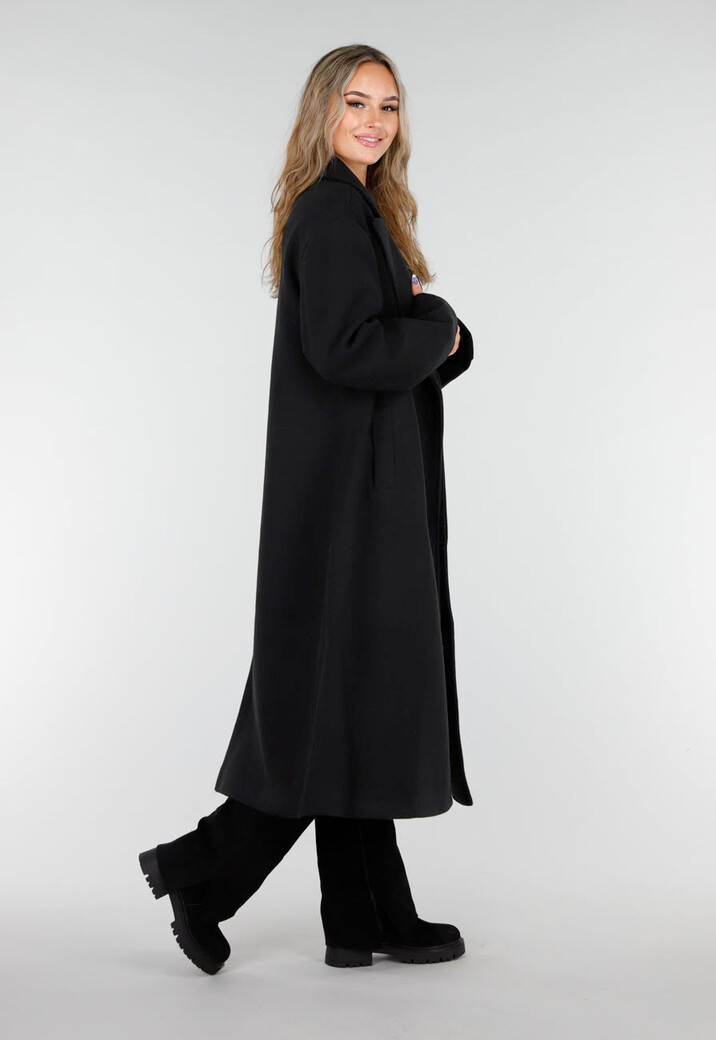 Zwarte Lange Mantel met Rechte Pasvorm en Brede Revers