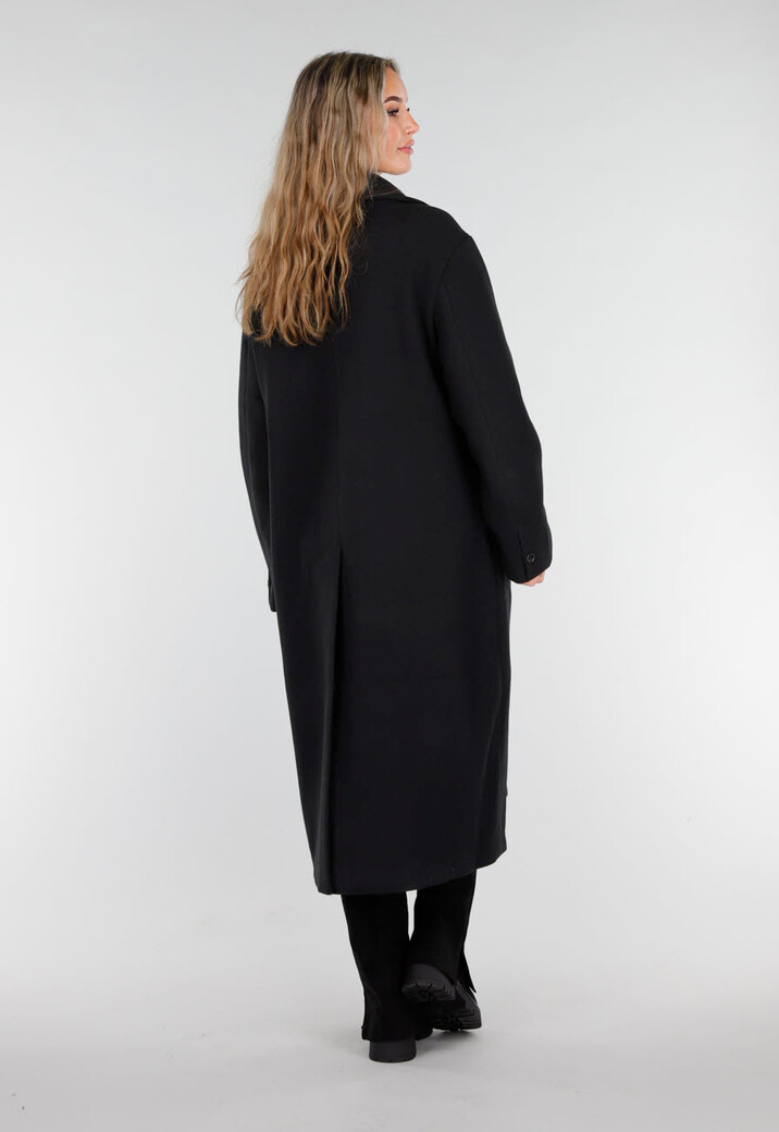 Zwarte Lange Mantel met Rechte Pasvorm en Brede Revers