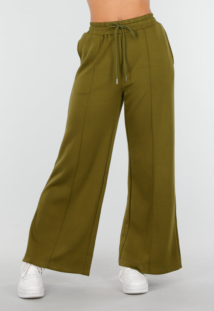 Olijfgroene Wijde Broek met Hoge Taille en Trekkoord