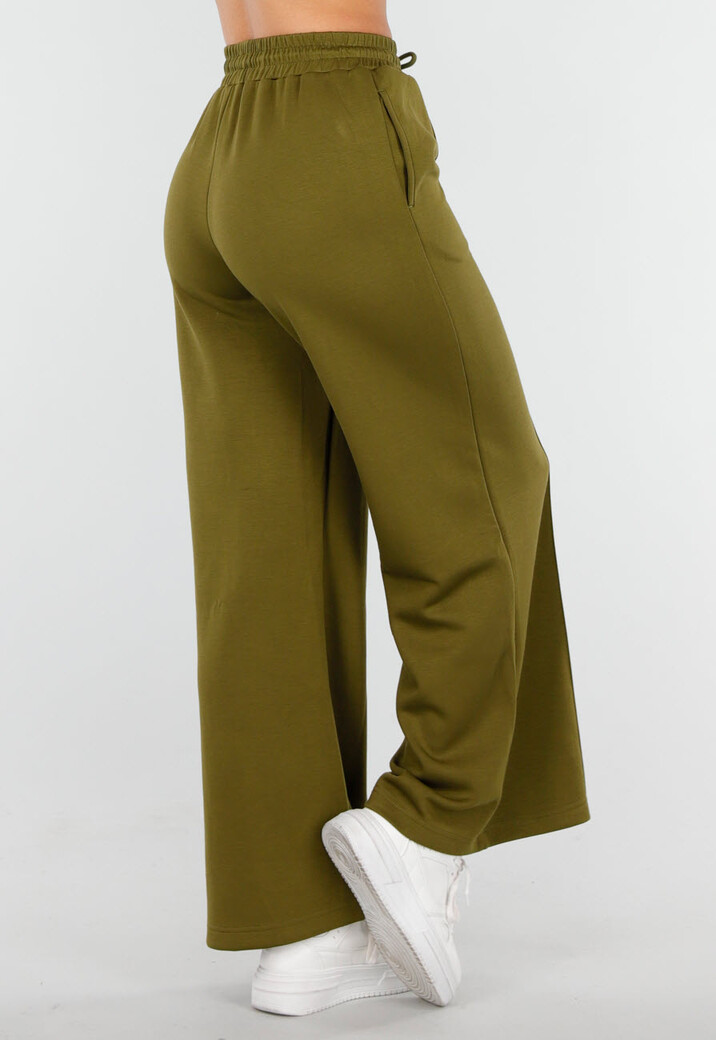 Olijfgroene Wijde Broek met Hoge Taille en Trekkoord