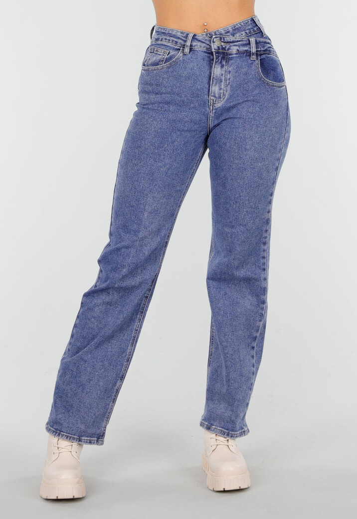 Mid Blue Straight Stretch Jeans met Hoge Taille
