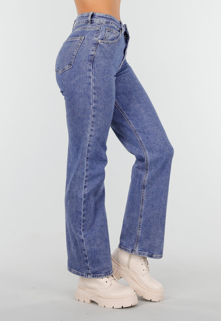 Mid Blue Straight Stretch Jeans met Hoge Taille