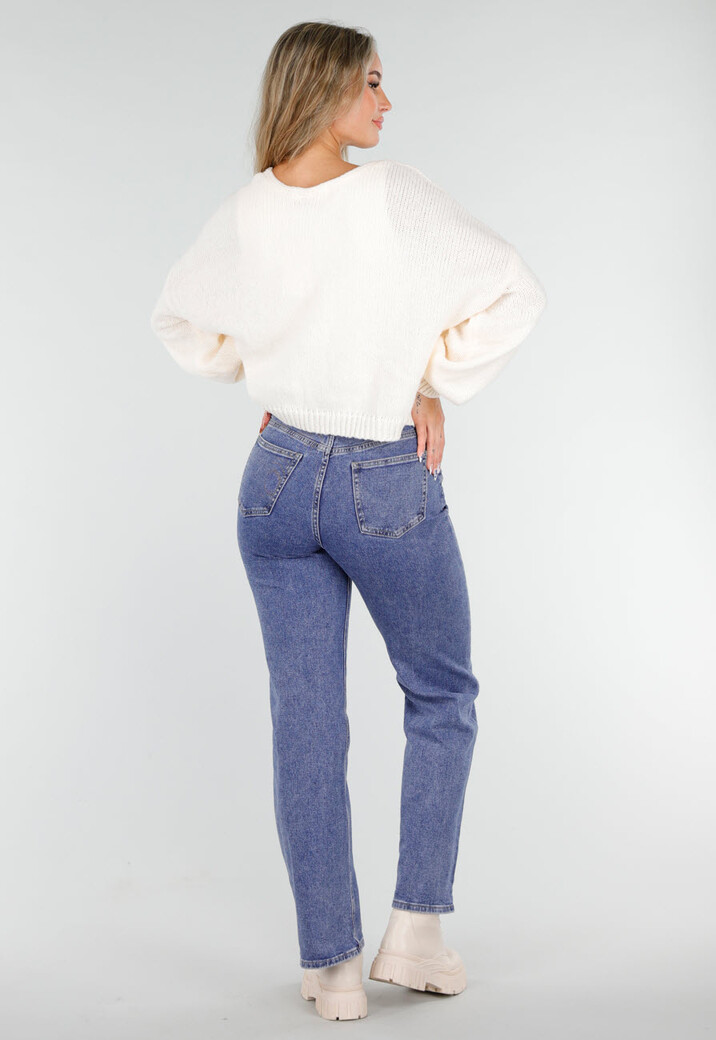 Mid Blue Straight Stretch Jeans met Hoge Taille