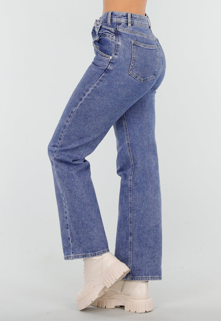 Mid Blue Straight Stretch Jeans met Hoge Taille