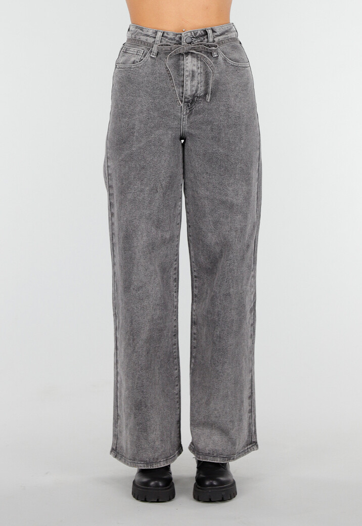 Grijze Wide Leg Stretch Jeans met Hoge Taille en Strikceintuur