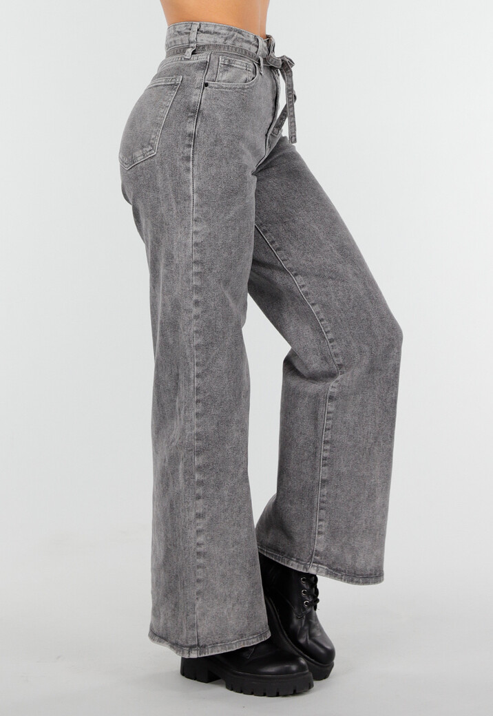 Grijze Wide Leg Stretch Jeans met Hoge Taille en Strikceintuur