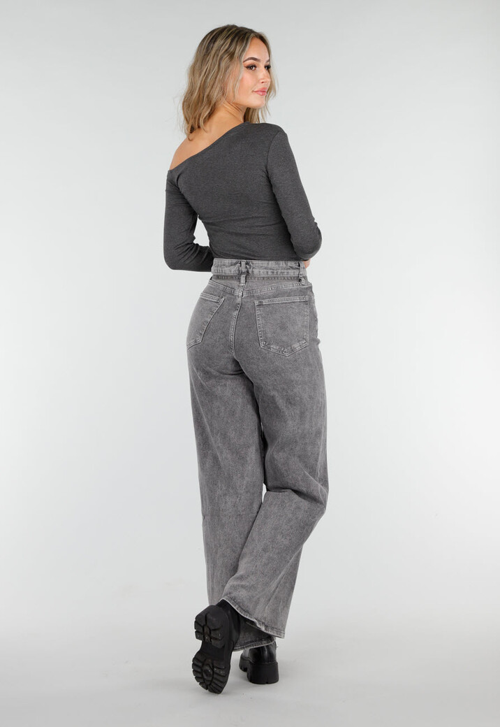 Grijze Wide Leg Stretch Jeans met Hoge Taille en Strikceintuur
