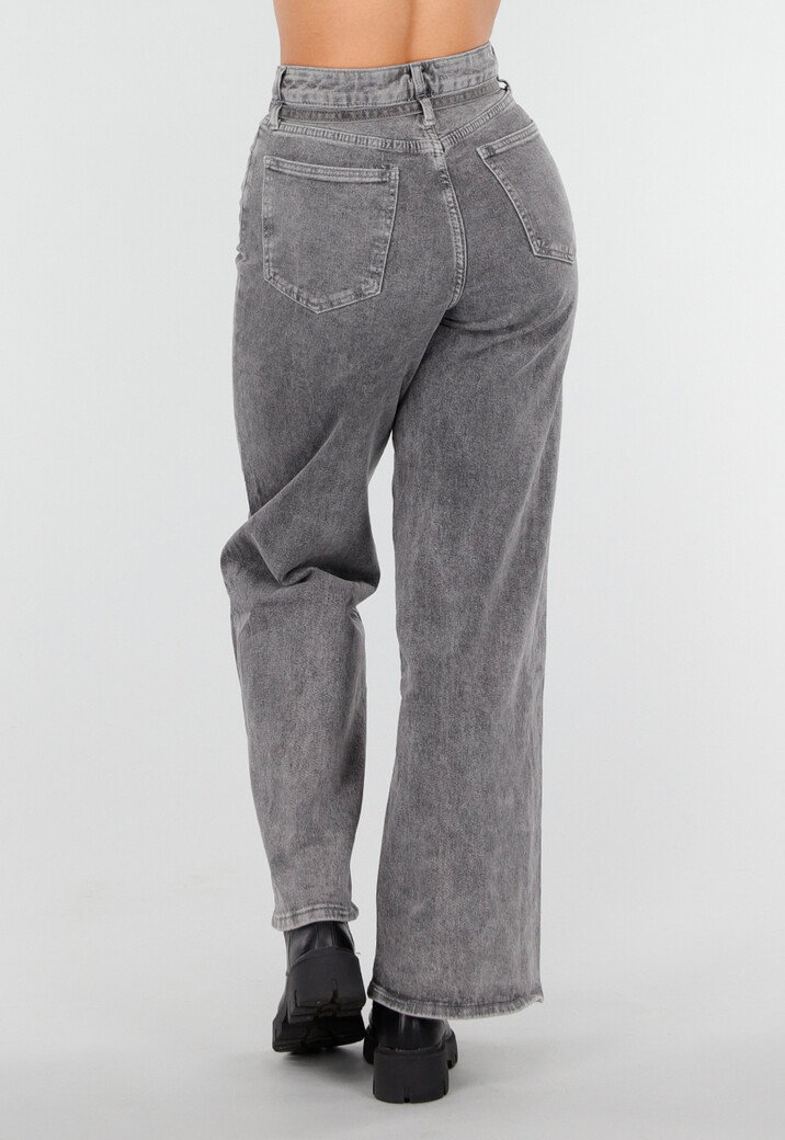 Grijze Wide Leg Stretch Jeans met Hoge Taille en Strikceintuur