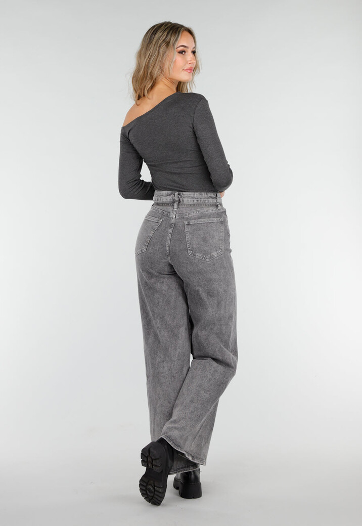 Donkergrijze One Shoulder Top met Lange Mouwen