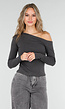 Donkergrijze One Shoulder Top met Lange Mouwen