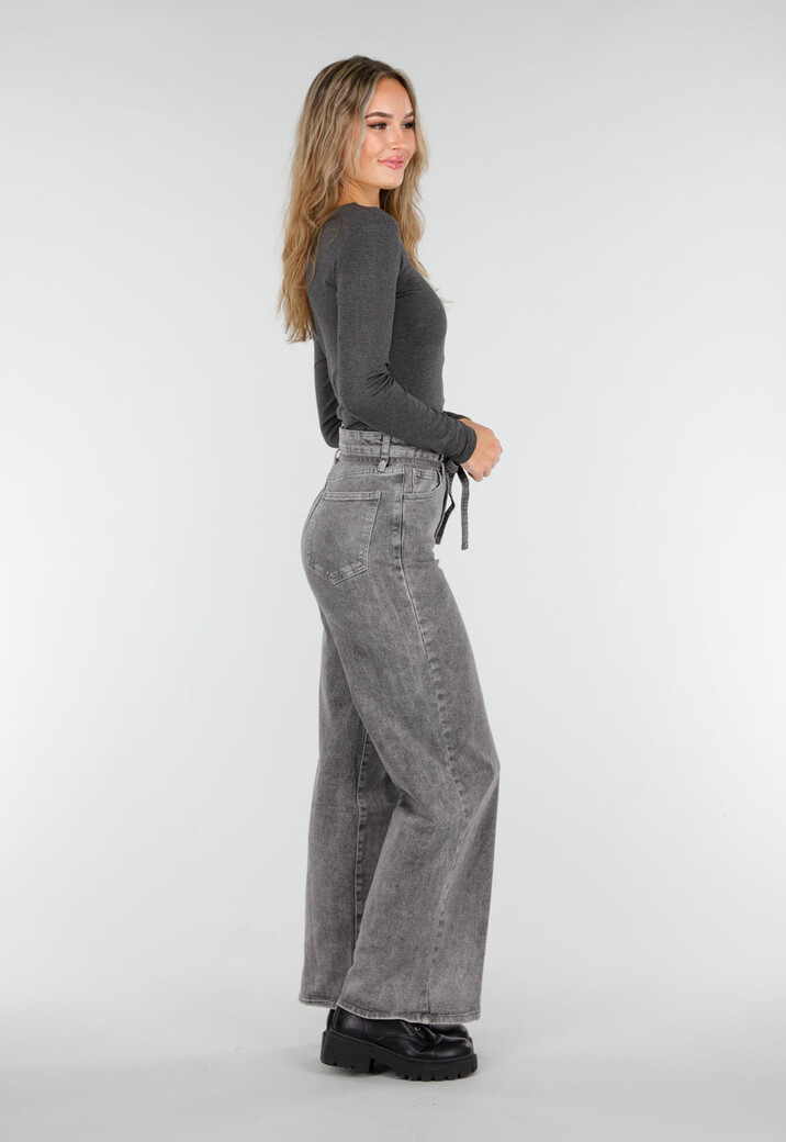 Donkergrijze One Shoulder Top met Lange Mouwen