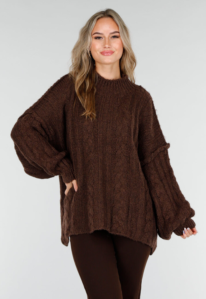 Bruine Grofgebreide Oversized Kabeltrui