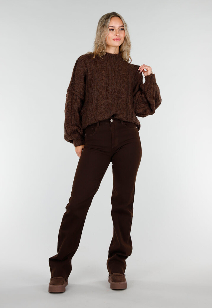 Bruine Grofgebreide Oversized Kabeltrui