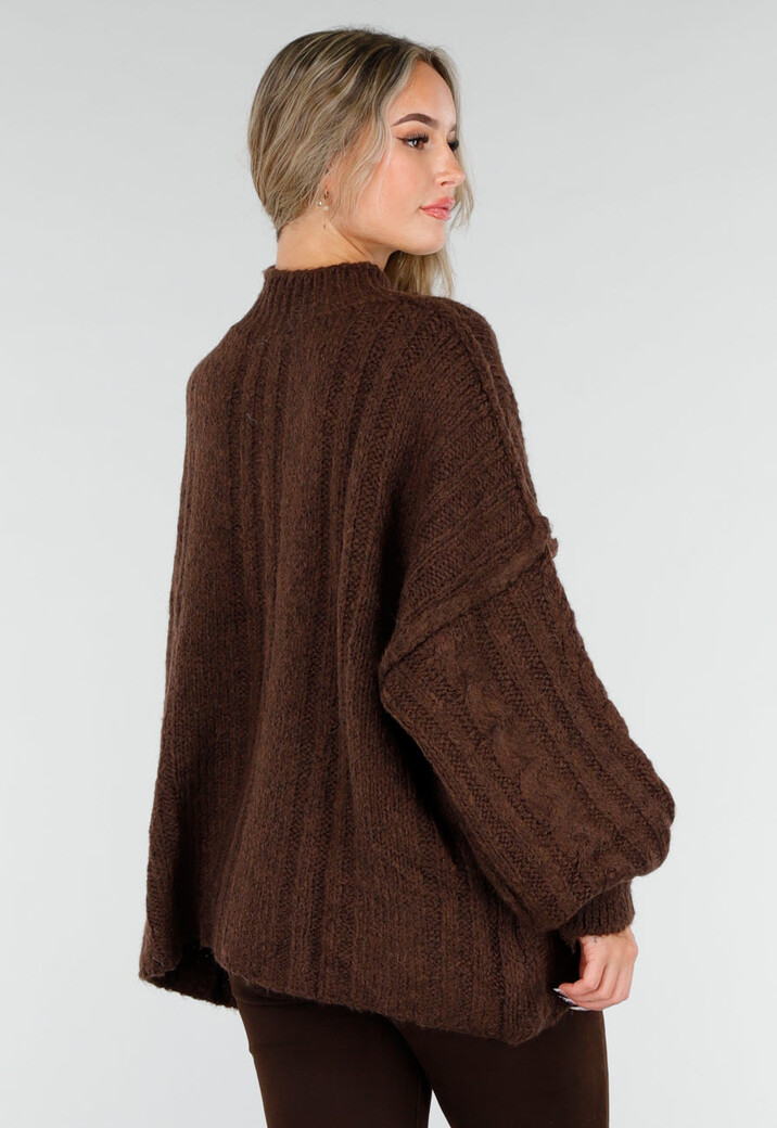 Bruine Grofgebreide Oversized Kabeltrui