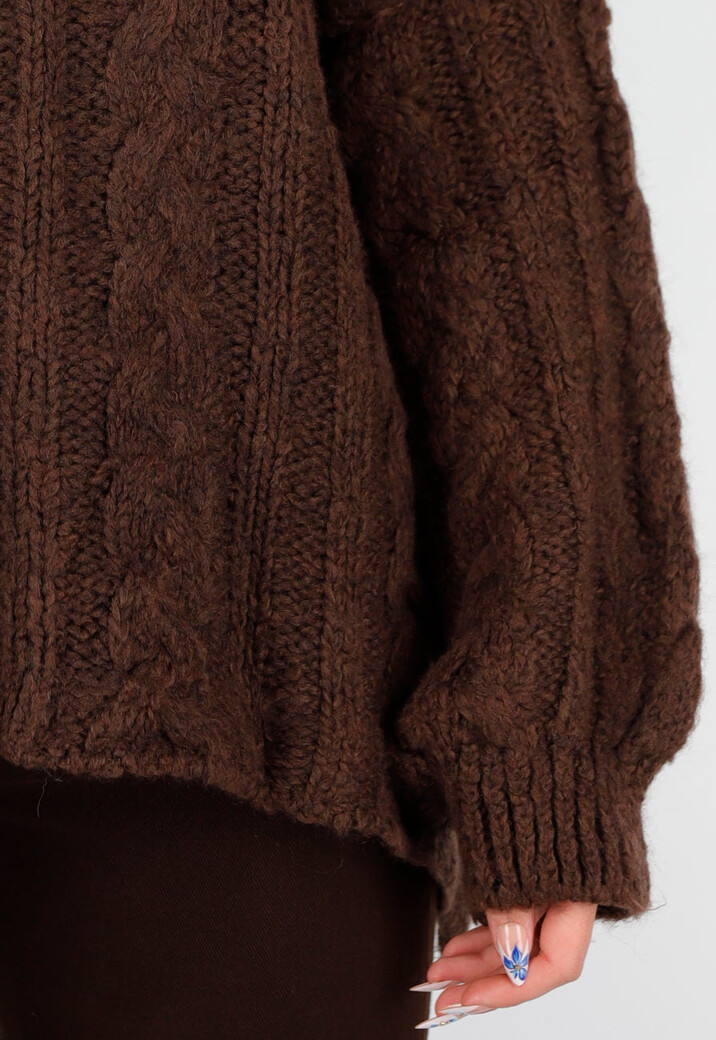 Bruine Grofgebreide Oversized Kabeltrui