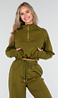 Olijfgroene Cropped Lounge Trui met Halve Rits en Hoge Kraag