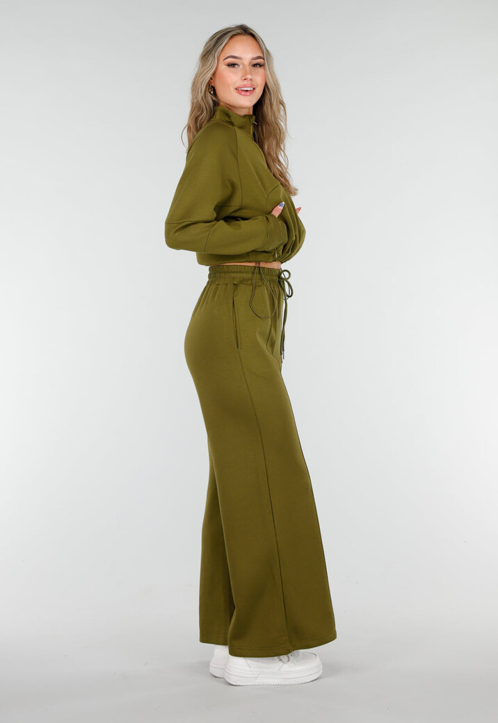 Olijfgroene Cropped Lounge Trui met Halve Rits en Hoge Kraag