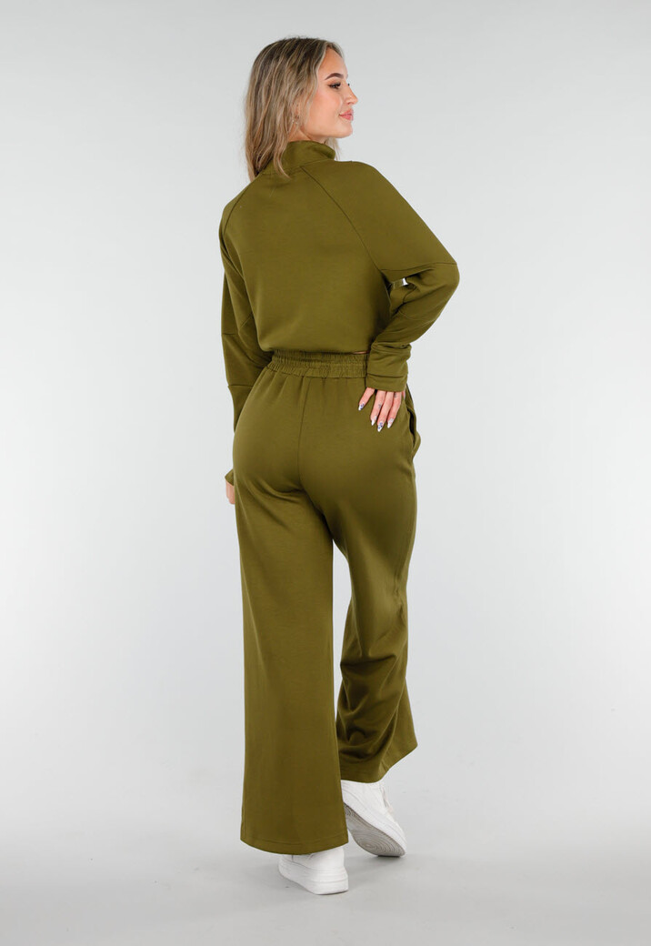 Olijfgroene Cropped Lounge Trui met Halve Rits en Hoge Kraag