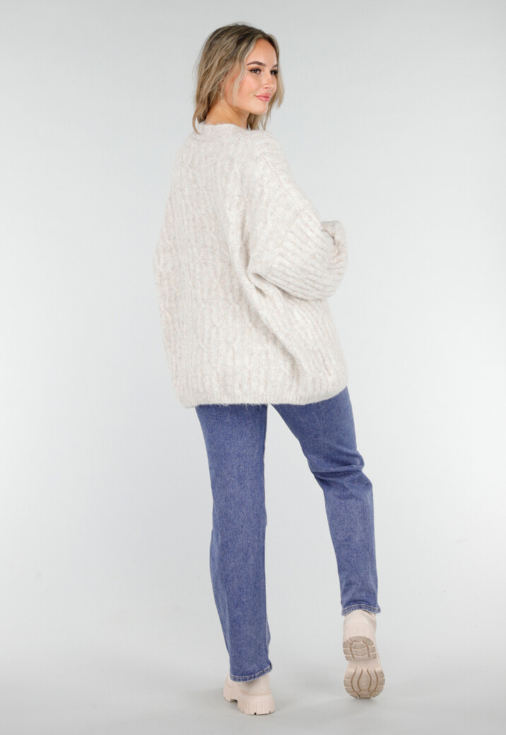 Beige Gebreid Oversized Vest met Goudkleurige Knopen