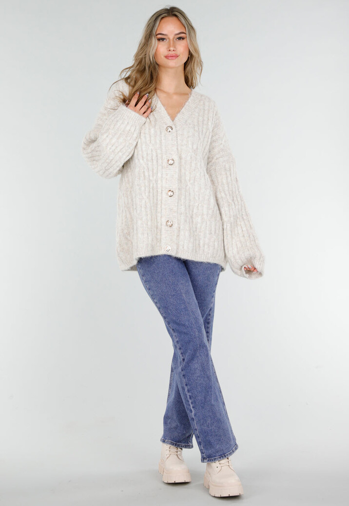 Beige Gebreid Oversized Vest met Goudkleurige Knopen