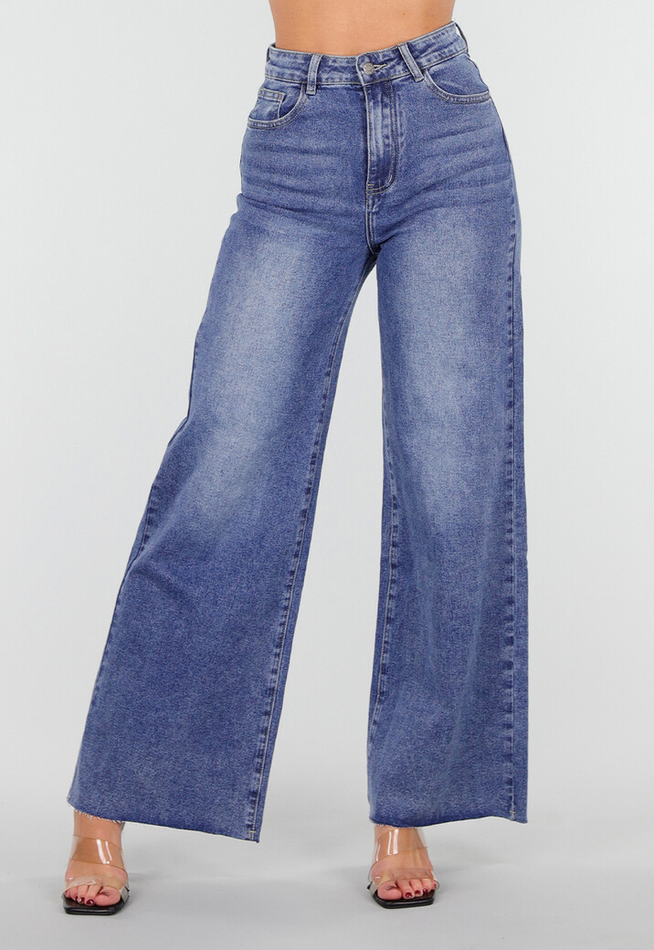 Blauwe High Waist Wide Leg Stretch Jeans met Wassing