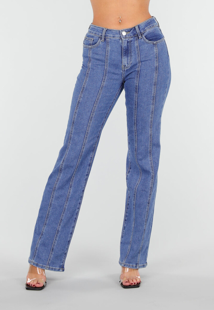 Blauwe Stretch Jeans met Rechte Pijpen en Verticale Stiknaden