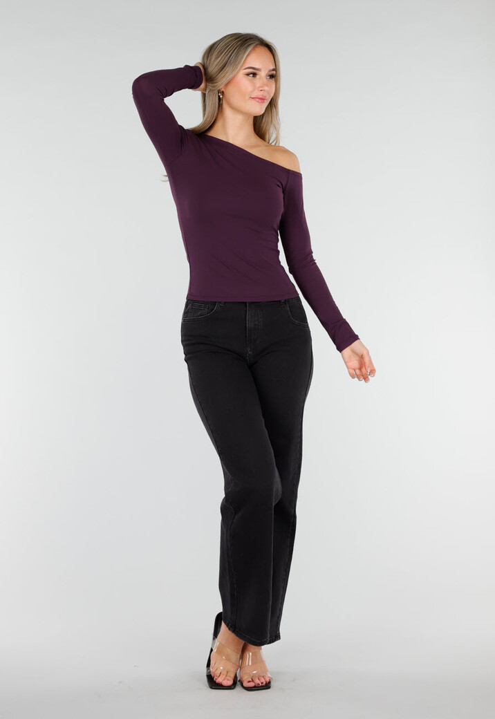 Paarskleurige One Shoulder Stretch Top met Lange Mouwen en Aansluitende Pasvorm