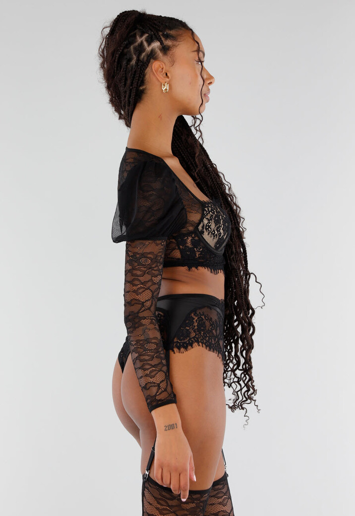 Zwarte Kanten Lingerieset met Lange Mouwen Hoge Taille Jarretelgordel