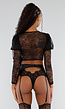 Zwarte Kanten Lingerieset met Lange Mouwen Hoge Taille Jarretelgordel