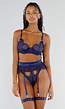 Donkerblauwe Kanten Lingerie Set met Jarretels Satijnen Strikjes