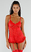 Rode Lingerie Set met Korsettop Jarretels Kanten Details en Netkousen