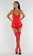 Rode Lingerie Set met Korsettop Jarretels Kanten Details en Netkousen