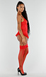 Rode Lingerie Set met Korsettop Jarretels Kanten Details en Netkousen