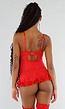 Rode Lingerie Set met Korsettop Jarretels Kanten Details en Netkousen