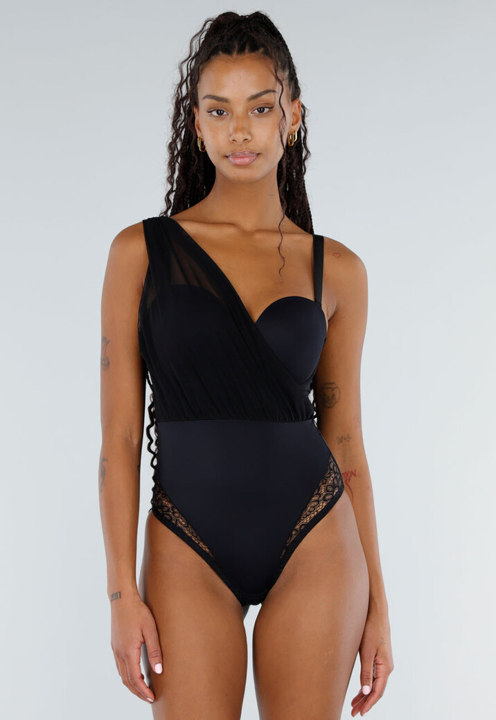 Zwarte Lingerie Mesh Body met One Shoulder  en Kantaccenten