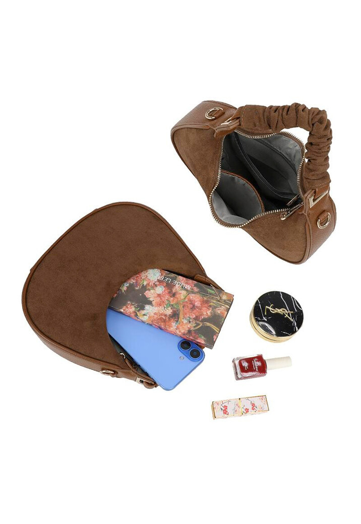 Bruine Suède Look Halve Maan Handtas met Afneembare Schouderriem