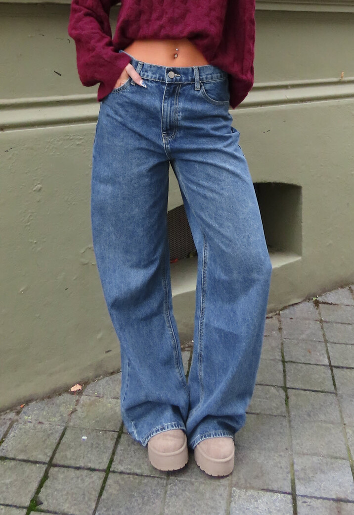 Donkerblauwe High Waist Wide Leg Jeans met Losse Pijpen