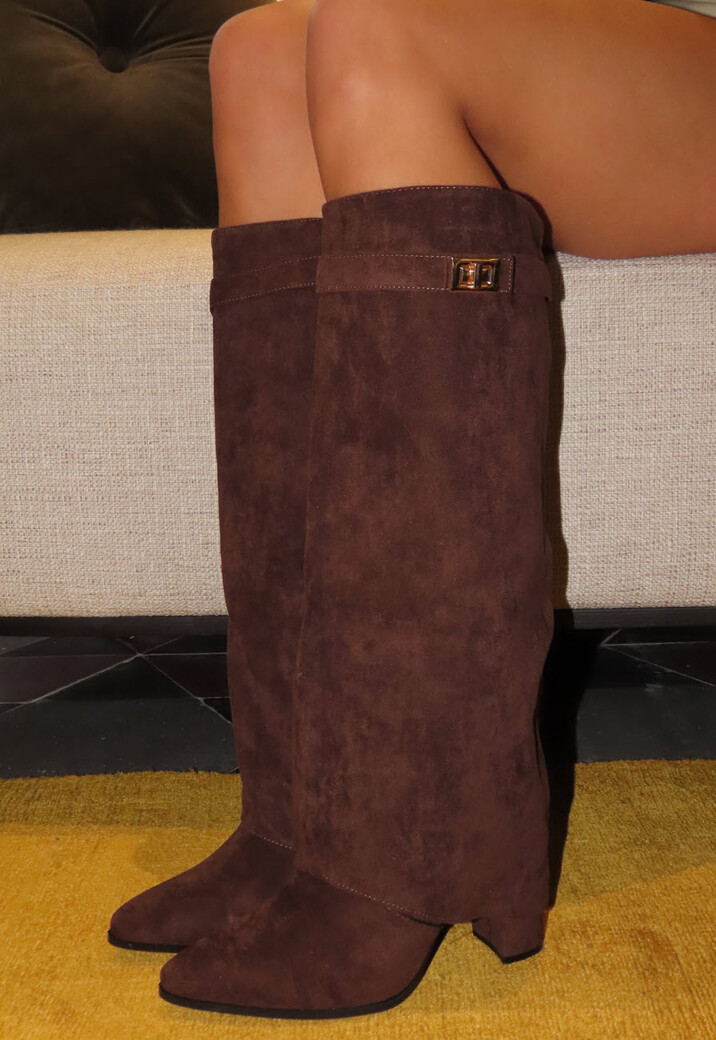 Bruine Suède-Look Laarzen met Gouden Gesp