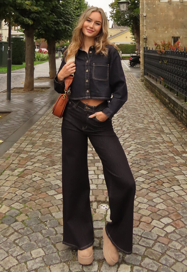 Cropped Denim Blouse in Donkerblauw Met Lange Mouwen