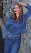 Denim Top met Halve Rits en Opstaande Kraag in Blauw