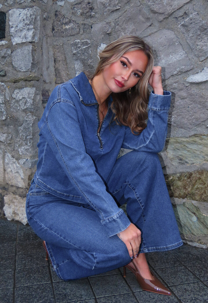 Denim Top met Halve Rits en Opstaande Kraag in Blauw