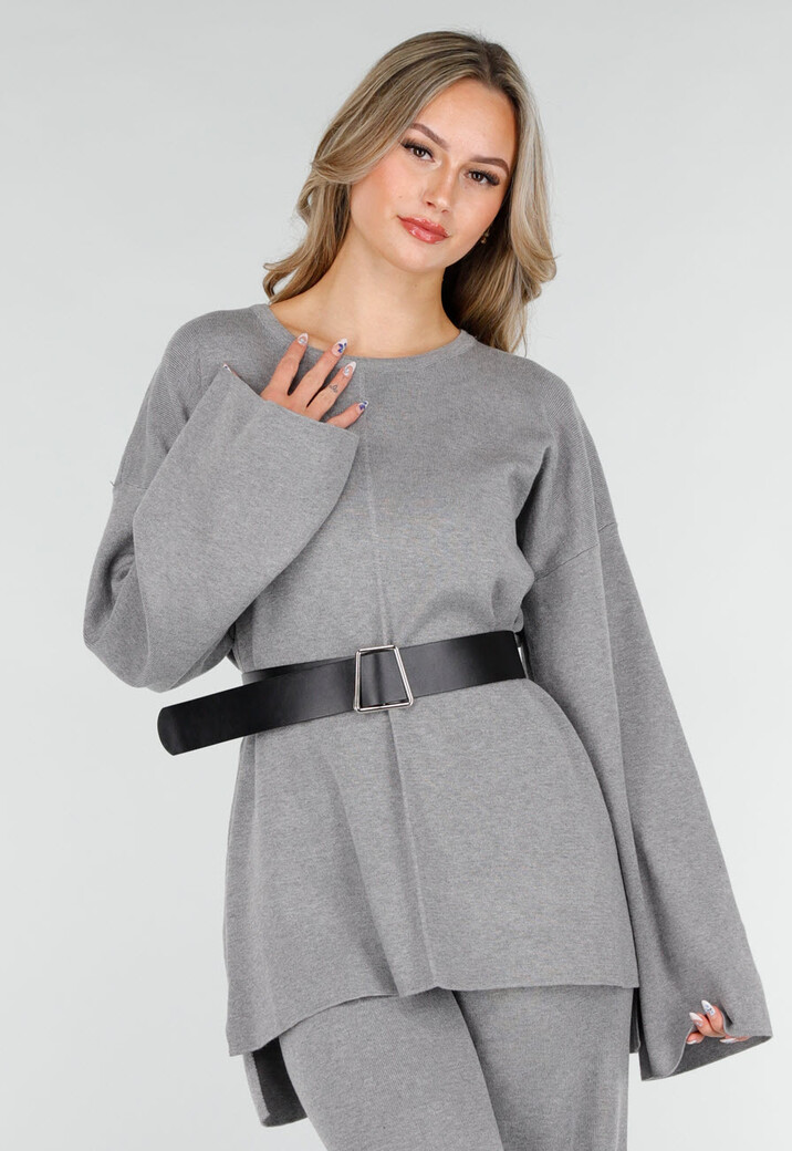 Grijs Tweedelig Loungepak Met Wijde Mouwen En Rechte Pijpen